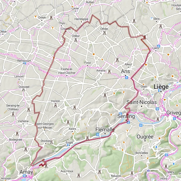 Miniatuurkaart van de fietsinspiratie "Gravelroute langs Kasteel van Villers-Saint-Siméon en Crisnée" in Prov. Liège, Belgium. Gemaakt door de Tarmacs.app fietsrouteplanner