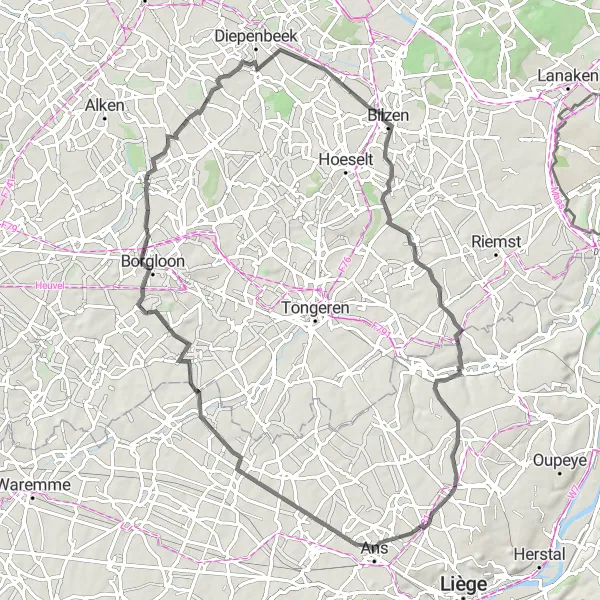 Map miniature of "Ans and Beverst Loop" cycling inspiration in Prov. Liège, Belgium. Generated by Tarmacs.app cycling route planner