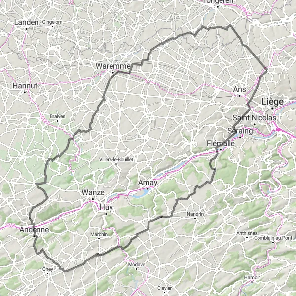 Map miniature of "Scenic Road Escape" cycling inspiration in Prov. Liège, Belgium. Generated by Tarmacs.app cycling route planner