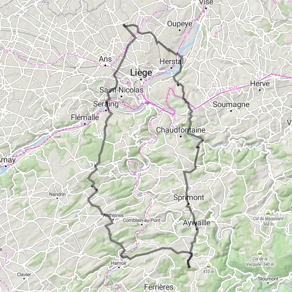 Miniature de la carte de l'inspiration cycliste "Le Tour des Châteaux de Liège" dans la Prov. Liège, Belgium. Générée par le planificateur d'itinéraire cycliste Tarmacs.app