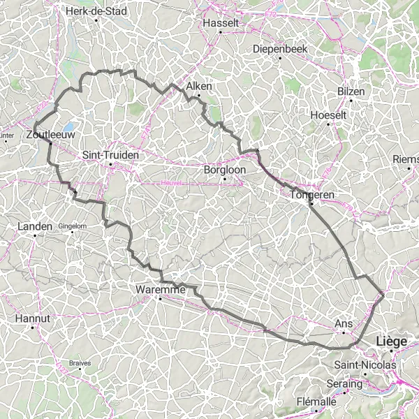 Miniature de la carte de l'inspiration cycliste "Parcours à vélo autour de Voroux-Goreux" dans la Prov. Liège, Belgium. Générée par le planificateur d'itinéraire cycliste Tarmacs.app