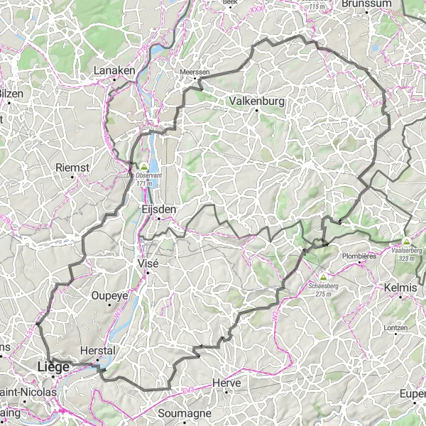 Map miniature of "Hills and Valleys" cycling inspiration in Prov. Liège, Belgium. Generated by Tarmacs.app cycling route planner