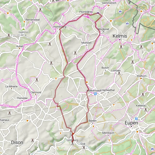Miniature de la carte de l'inspiration cycliste "Parcours Gravel de Limbourg" dans la Prov. Liège, Belgium. Générée par le planificateur d'itinéraire cycliste Tarmacs.app