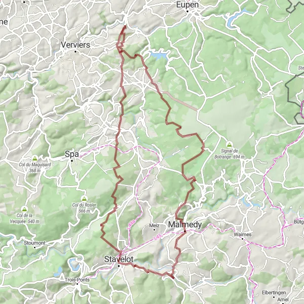 Map miniature of "The Gravel Adventure" cycling inspiration in Prov. Liège, Belgium. Generated by Tarmacs.app cycling route planner