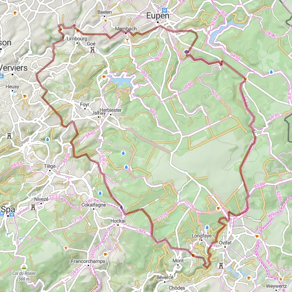 Miniature de la carte de l'inspiration cycliste "Les chemins gravel de la région de Liège" dans la Prov. Liège, Belgium. Générée par le planificateur d'itinéraire cycliste Tarmacs.app