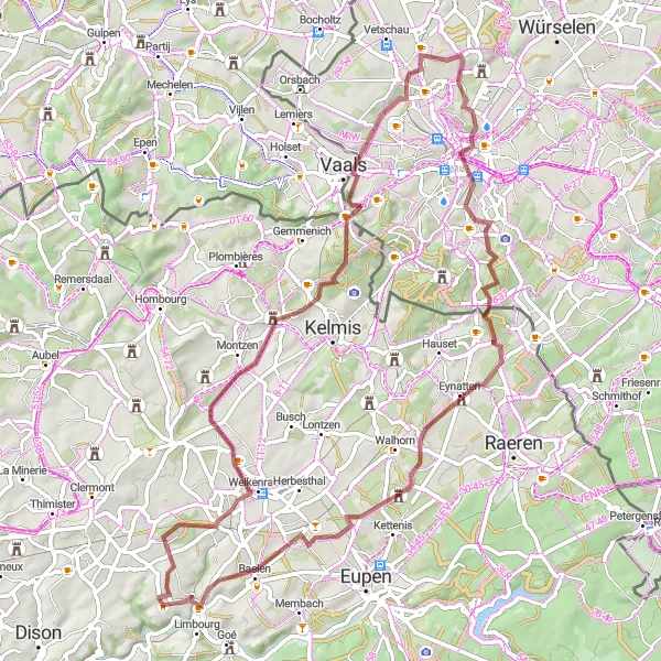 Karten-Miniaturansicht der Radinspiration "Rundfahrroute um Limbourg - Schotter" in Prov. Liège, Belgium. Erstellt vom Tarmacs.app-Routenplaner für Radtouren