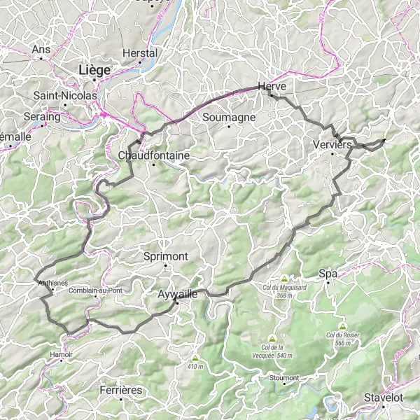 Miniature de la carte de l'inspiration cycliste "Les vallées et belvédères de Liège" dans la Prov. Liège, Belgium. Générée par le planificateur d'itinéraire cycliste Tarmacs.app