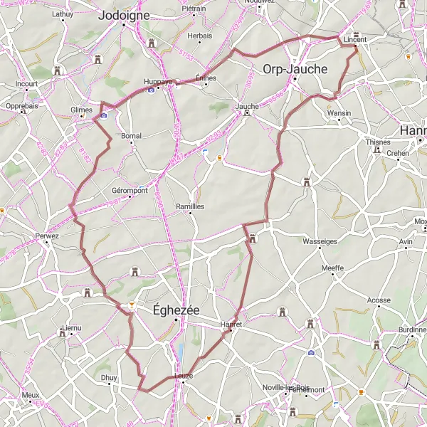 Miniature de la carte de l'inspiration cycliste "Circuit de la Vallée de la Mehaigne" dans la Prov. Liège, Belgium. Générée par le planificateur d'itinéraire cycliste Tarmacs.app