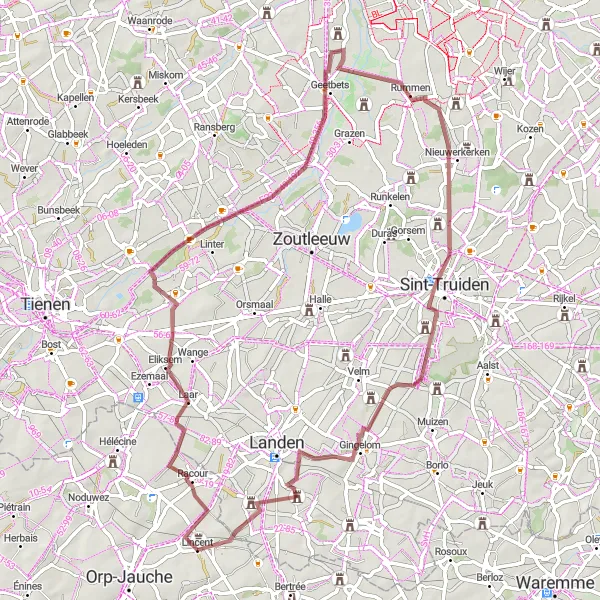 Karten-Miniaturansicht der Radinspiration "Gravel-Abenteuer rund um Lincent" in Prov. Liège, Belgium. Erstellt vom Tarmacs.app-Routenplaner für Radtouren