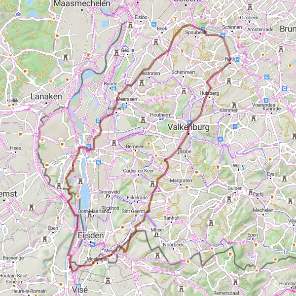 Miniature de la carte de l'inspiration cycliste "Tour des Châteaux et Vallées" dans la Prov. Liège, Belgium. Générée par le planificateur d'itinéraire cycliste Tarmacs.app