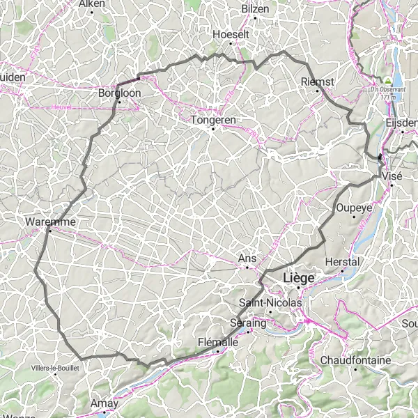Map miniature of "Sights and Climbs - Road Cycling Tour near Lixhe" cycling inspiration in Prov. Liège, Belgium. Generated by Tarmacs.app cycling route planner