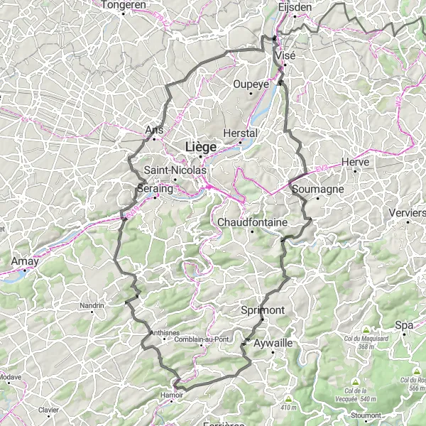 Miniature de la carte de l'inspiration cycliste "Boucle des Collines de Liège" dans la Prov. Liège, Belgium. Générée par le planificateur d'itinéraire cycliste Tarmacs.app