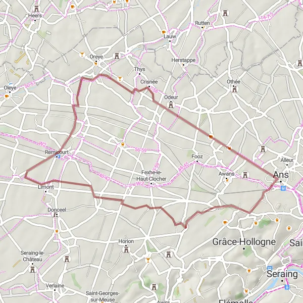 Miniature de la carte de l'inspiration cycliste "La boucle du Gravel de Loncin à Ans" dans la Prov. Liège, Belgium. Générée par le planificateur d'itinéraire cycliste Tarmacs.app