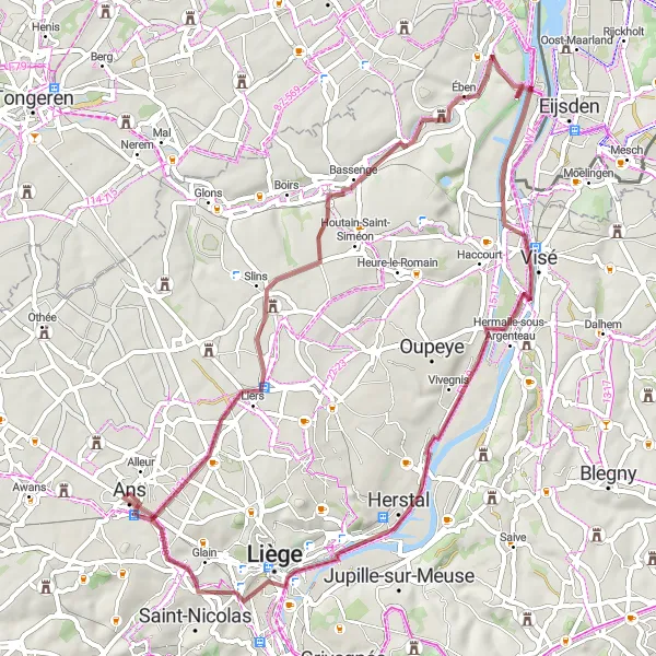 Miniatuurkaart van de fietsinspiratie "Gravelroute rond Loncin" in Prov. Liège, Belgium. Gemaakt door de Tarmacs.app fietsrouteplanner