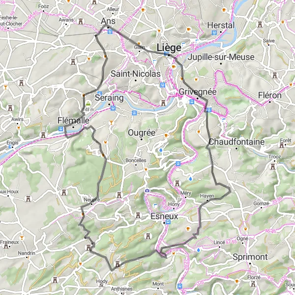 Miniatuurkaart van de fietsinspiratie "Historische Stad en Natuurlijke Schoonheid" in Prov. Liège, Belgium. Gemaakt door de Tarmacs.app fietsrouteplanner