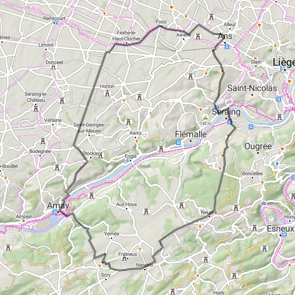 Miniatuurkaart van de fietsinspiratie "Kastelen en pittoreske dorpjes" in Prov. Liège, Belgium. Gemaakt door de Tarmacs.app fietsrouteplanner