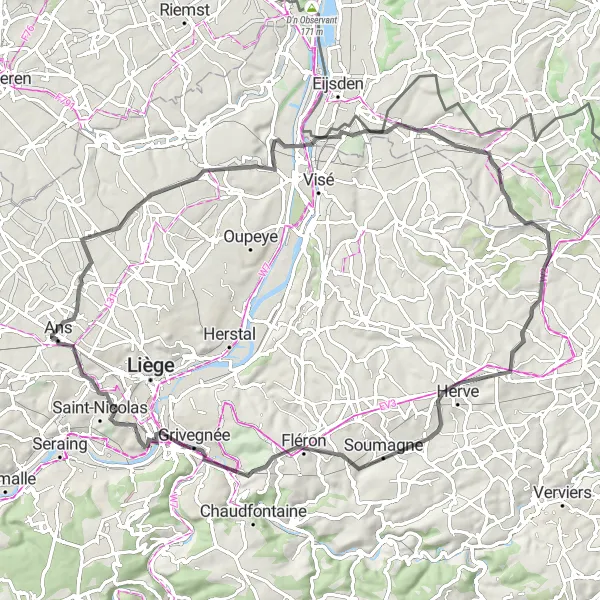 Map miniature of "The Ans Route" cycling inspiration in Prov. Liège, Belgium. Generated by Tarmacs.app cycling route planner