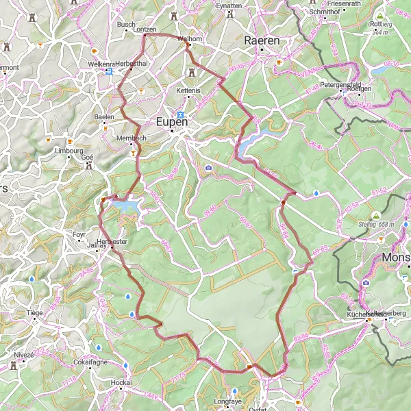 Miniature de la carte de l'inspiration cycliste "Les vallées et les forêts de l'est de la Belgique" dans la Prov. Liège, Belgium. Générée par le planificateur d'itinéraire cycliste Tarmacs.app