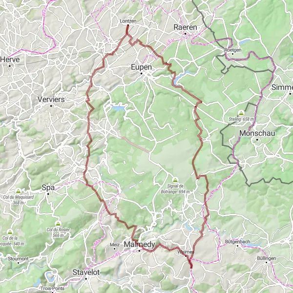 Map miniature of "Gravel - Lontzen Adventure Route" cycling inspiration in Prov. Liège, Belgium. Generated by Tarmacs.app cycling route planner