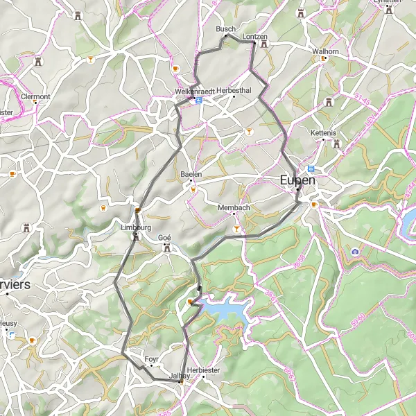 Map miniature of "Eupen and Moorenhöhe Loop" cycling inspiration in Prov. Liège, Belgium. Generated by Tarmacs.app cycling route planner