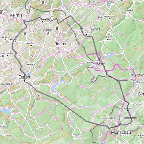 Map miniature of "Lontzen Hills" cycling inspiration in Prov. Liège, Belgium. Generated by Tarmacs.app cycling route planner
