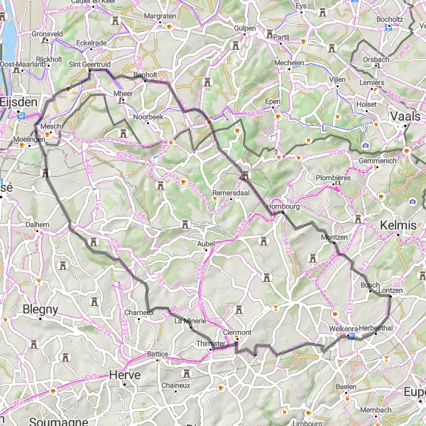 Miniatuurkaart van de fietsinspiratie "Rondrit vanuit Lontzen via Welkenraedt naar Teuven" in Prov. Liège, Belgium. Gemaakt door de Tarmacs.app fietsrouteplanner