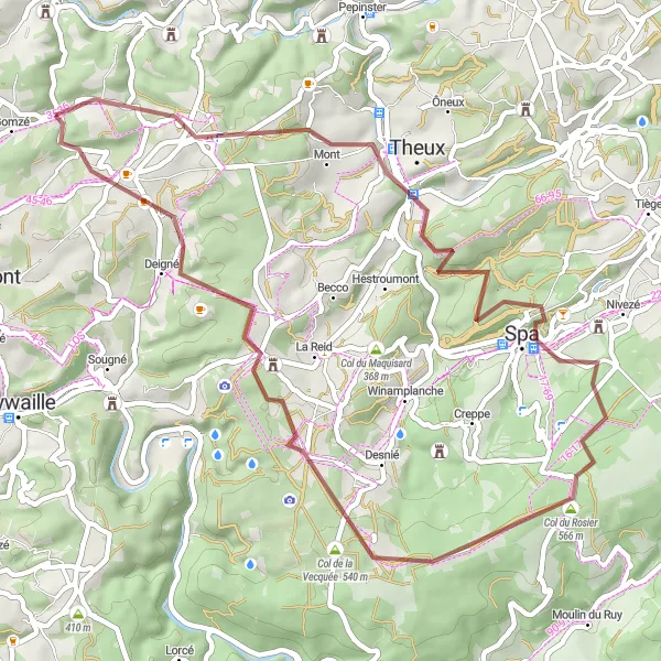 Miniature de la carte de l'inspiration cycliste "Tour des collines de l'Ardenne" dans la Prov. Liège, Belgium. Générée par le planificateur d'itinéraire cycliste Tarmacs.app