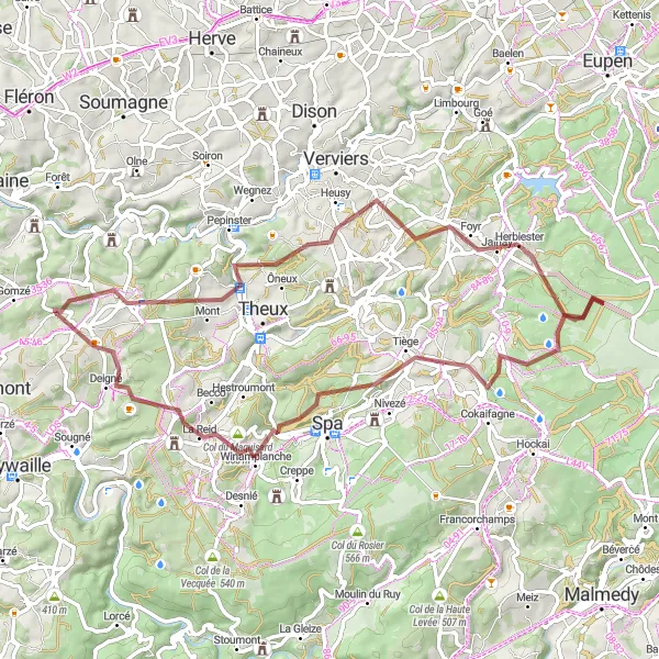 Miniatuurkaart van de fietsinspiratie "Gravelroute van Louveigné naar Col du Maquisard" in Prov. Liège, Belgium. Gemaakt door de Tarmacs.app fietsrouteplanner