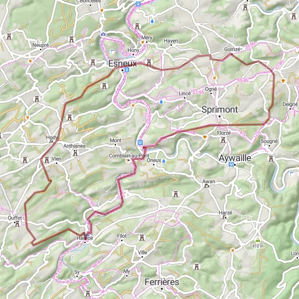 Map miniature of "Breathtaking Gravel Ride to Rocher de Coisse and Hody" cycling inspiration in Prov. Liège, Belgium. Generated by Tarmacs.app cycling route planner
