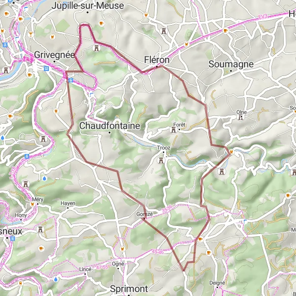 Miniatuurkaart van de fietsinspiratie "Gravelroute door het heuvelachtige landschap van Luik" in Prov. Liège, Belgium. Gemaakt door de Tarmacs.app fietsrouteplanner