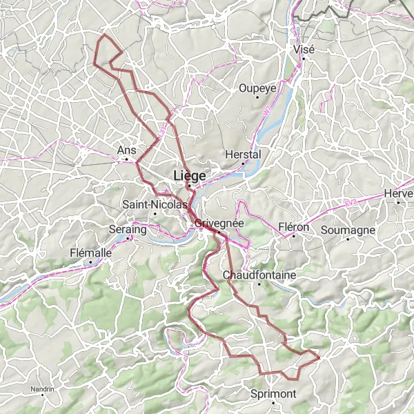 Map miniature of "Hidden Gravel Gems" cycling inspiration in Prov. Liège, Belgium. Generated by Tarmacs.app cycling route planner