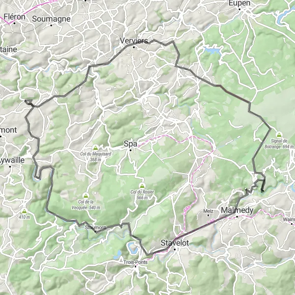 Map miniature of "Challenging Road Cycling Tour to Baraque Michel and Stavelot" cycling inspiration in Prov. Liège, Belgium. Generated by Tarmacs.app cycling route planner