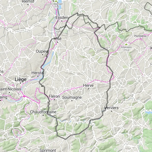 Karten-Miniaturansicht der Radinspiration "Die Schönheit von Trooz und Visé" in Prov. Liège, Belgium. Erstellt vom Tarmacs.app-Routenplaner für Radtouren