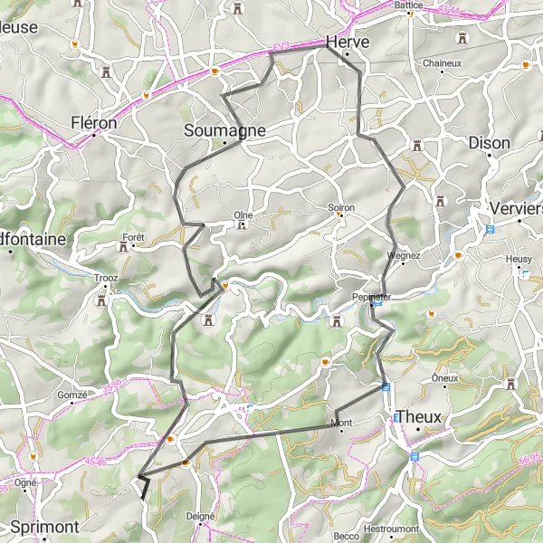 Miniature de la carte de l'inspiration cycliste "Itinéraire campagnard de Louveigné à Pepinster" dans la Prov. Liège, Belgium. Générée par le planificateur d'itinéraire cycliste Tarmacs.app
