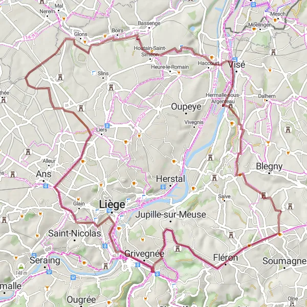 Map miniature of "Gravel Route through Fléron, Rocourt, and Barchon" cycling inspiration in Prov. Liège, Belgium. Generated by Tarmacs.app cycling route planner