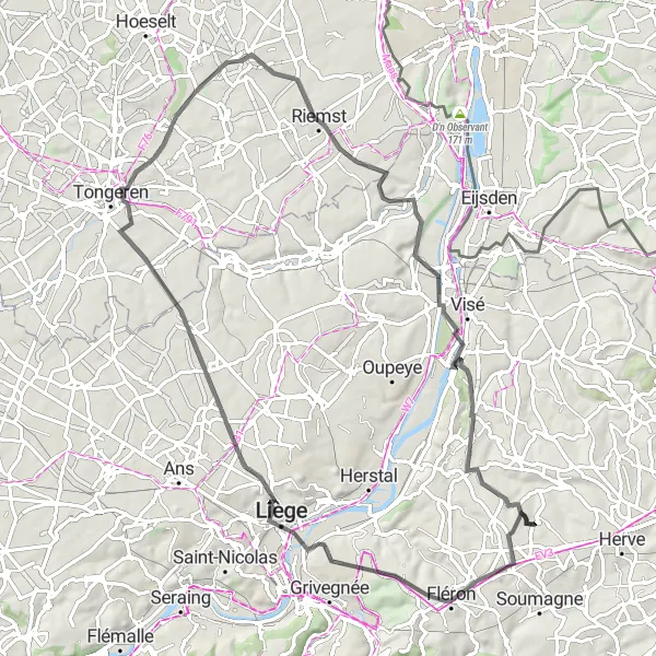 Map miniature of "Road Route through Beyne-Heusay, Riemst, and Barchon" cycling inspiration in Prov. Liège, Belgium. Generated by Tarmacs.app cycling route planner