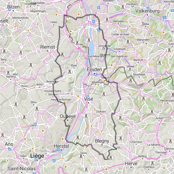 Map miniature of "Road Route through Heure-le-Romain, Mortroux, and Bolland" cycling inspiration in Prov. Liège, Belgium. Generated by Tarmacs.app cycling route planner