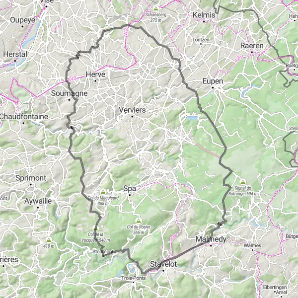 Map miniature of "Road Route through Bolland, Baraque Michel, and Stoumont" cycling inspiration in Prov. Liège, Belgium. Generated by Tarmacs.app cycling route planner