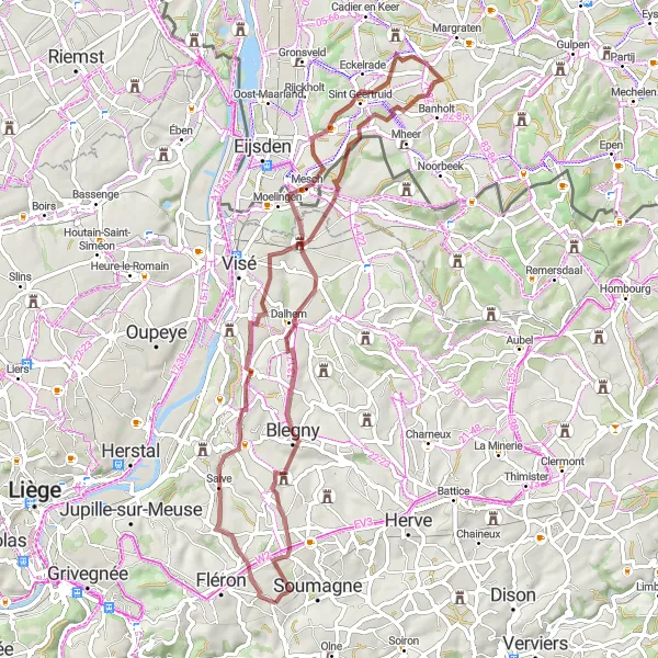 Map miniature of "Gravel Adventure Around Micheroux" cycling inspiration in Prov. Liège, Belgium. Generated by Tarmacs.app cycling route planner