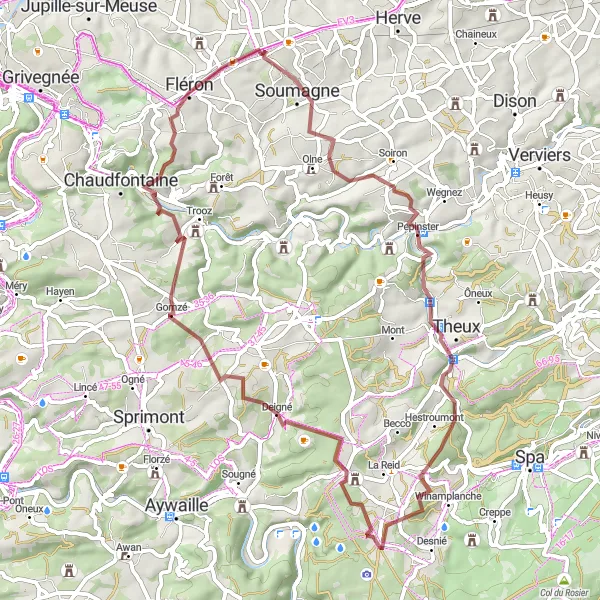 Map miniature of "Gravel Cycling Tour around Micheroux" cycling inspiration in Prov. Liège, Belgium. Generated by Tarmacs.app cycling route planner