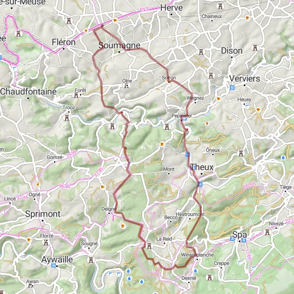 Map miniature of "Gravel Adventure through Pepinster and Nessonvaux" cycling inspiration in Prov. Liège, Belgium. Generated by Tarmacs.app cycling route planner