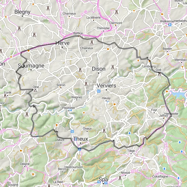Miniatuurkaart van de fietsinspiratie "Wegtocht door het schilderachtige landschap" in Prov. Liège, Belgium. Gemaakt door de Tarmacs.app fietsrouteplanner