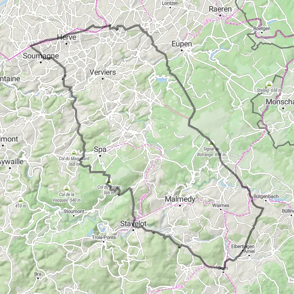Map miniature of "Road Cycling Adventure in the Ardennes" cycling inspiration in Prov. Liège, Belgium. Generated by Tarmacs.app cycling route planner