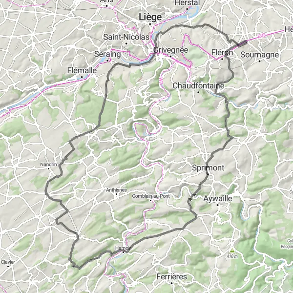 Miniature de la carte de l'inspiration cycliste "Les paysages vallonnés du Liégeois" dans la Prov. Liège, Belgium. Générée par le planificateur d'itinéraire cycliste Tarmacs.app