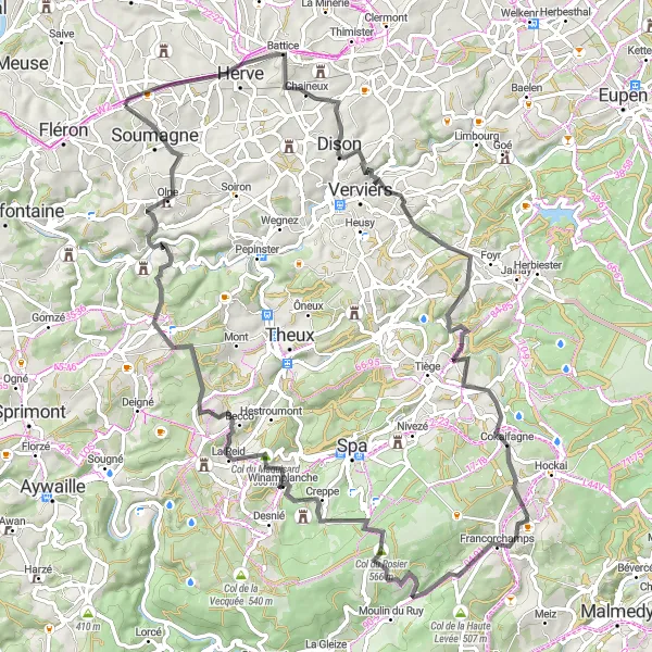 Miniatuurkaart van de fietsinspiratie "Uitdagende wegtocht naar Nessonvaux" in Prov. Liège, Belgium. Gemaakt door de Tarmacs.app fietsrouteplanner
