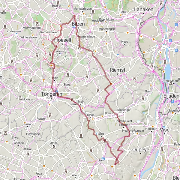 Miniature de la carte de l'inspiration cycliste "Les Châteaux de Milmort" dans la Prov. Liège, Belgium. Générée par le planificateur d'itinéraire cycliste Tarmacs.app