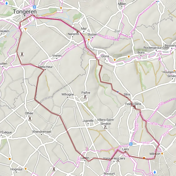 Map miniature of "Short gravel loop from Milmort to Liers" cycling inspiration in Prov. Liège, Belgium. Generated by Tarmacs.app cycling route planner