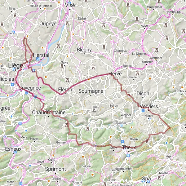 Map miniature of "Challenging gravel route through hilly terrain" cycling inspiration in Prov. Liège, Belgium. Generated by Tarmacs.app cycling route planner