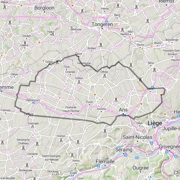 Map miniature of "Serene Surroundings: Liège Road Trip" cycling inspiration in Prov. Liège, Belgium. Generated by Tarmacs.app cycling route planner