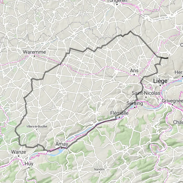 Miniatuurkaart van de fietsinspiratie "Terrils en Kastelen Route" in Prov. Liège, Belgium. Gemaakt door de Tarmacs.app fietsrouteplanner